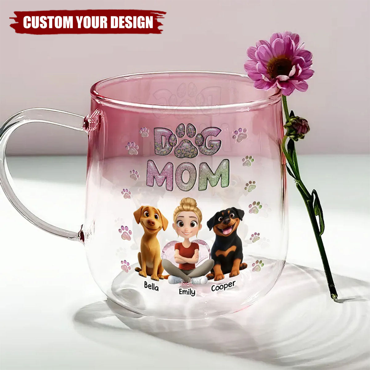 Dog Mom Lovely Chibi - Personalized Pink Gradient Glass Mug