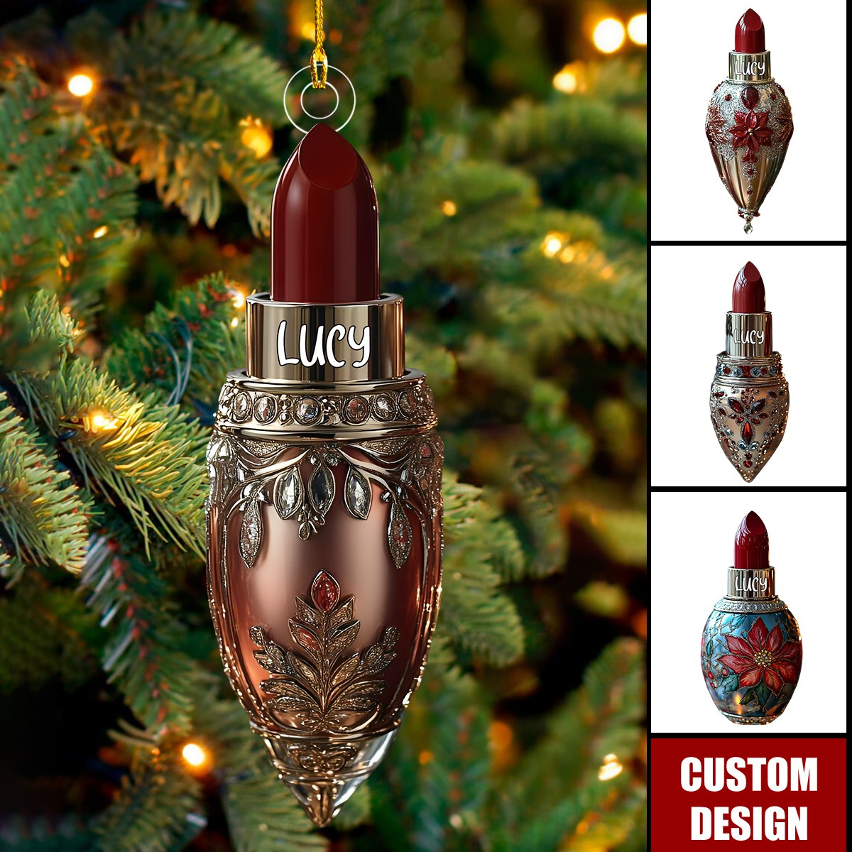 Personalized Red Jewel-Encrusted Glam Lipstick Christmas Ornament - Gift For Beauty Lovers