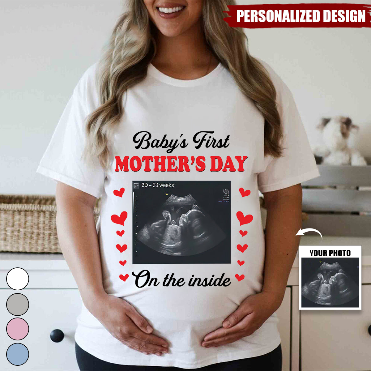 Cute Baby’s First Mother’s Day-Personalized  Sonogram Photo-T Shirt for Mother to be