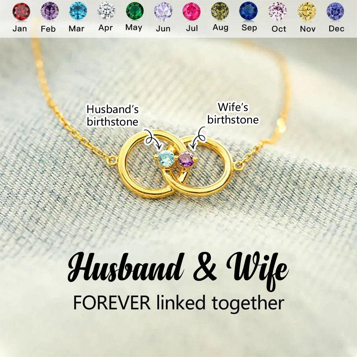 Personalized Husband & Wife Linked From the Heart Two Birthstones Interlocking Bracelet