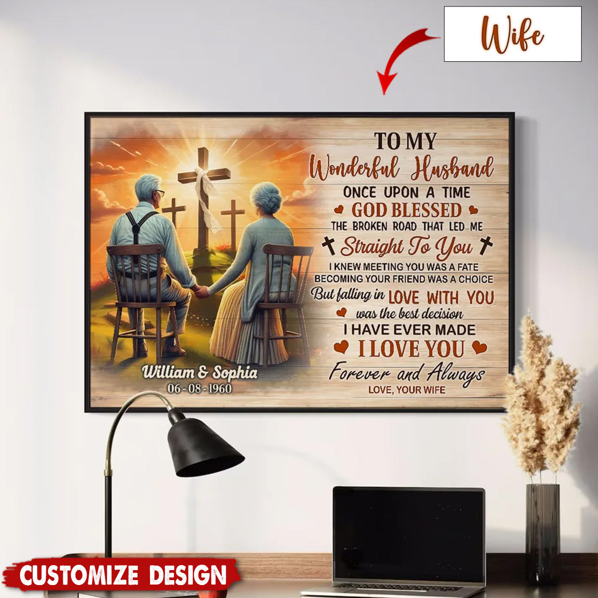 Cross God Gave Me You Old Couple Sitting Personalized Poster - Anniversary Gift For  Wife,Husband