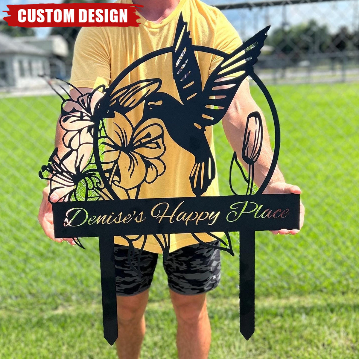 Hummingbird With Flower Personalized Metal Garden Sign