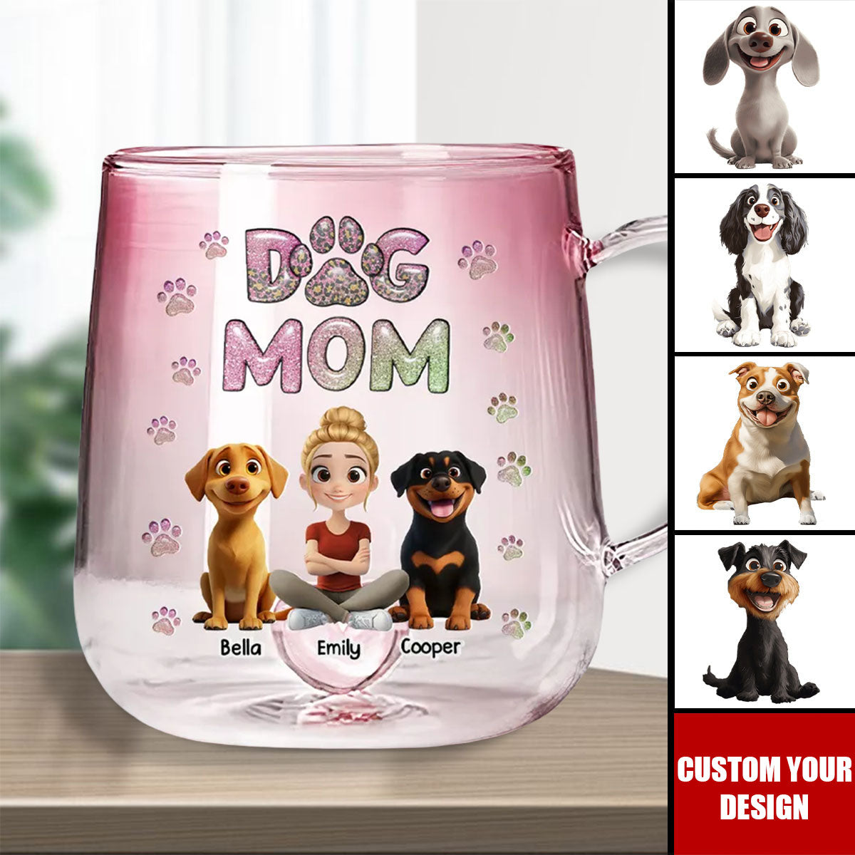 Dog Mom Lovely Chibi - Personalized Pink Gradient Glass Mug