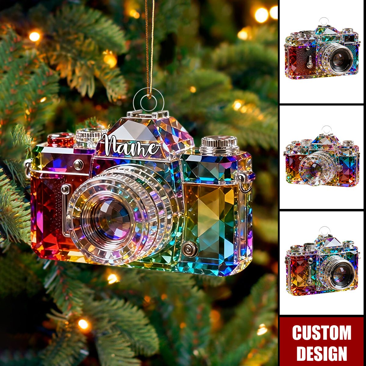 Personalized camera-themed colorful crystal ornaments