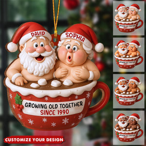 Growing Old Together Santa Claus In Hot Chocolate Cup, Personalized Couple Ornament