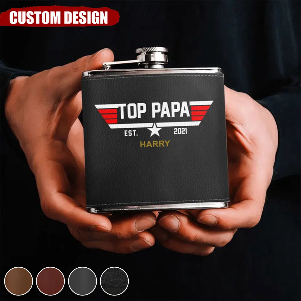 Personalized Papa Leather Flask - Up To 12 Children - Gift Idea for Dad/Grandpa