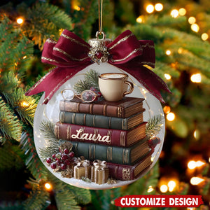 Personalized Stack Of Books Christmas Ornament, Custom Book Lover Snow Globe Gift, Library Christmas Decor for Readers