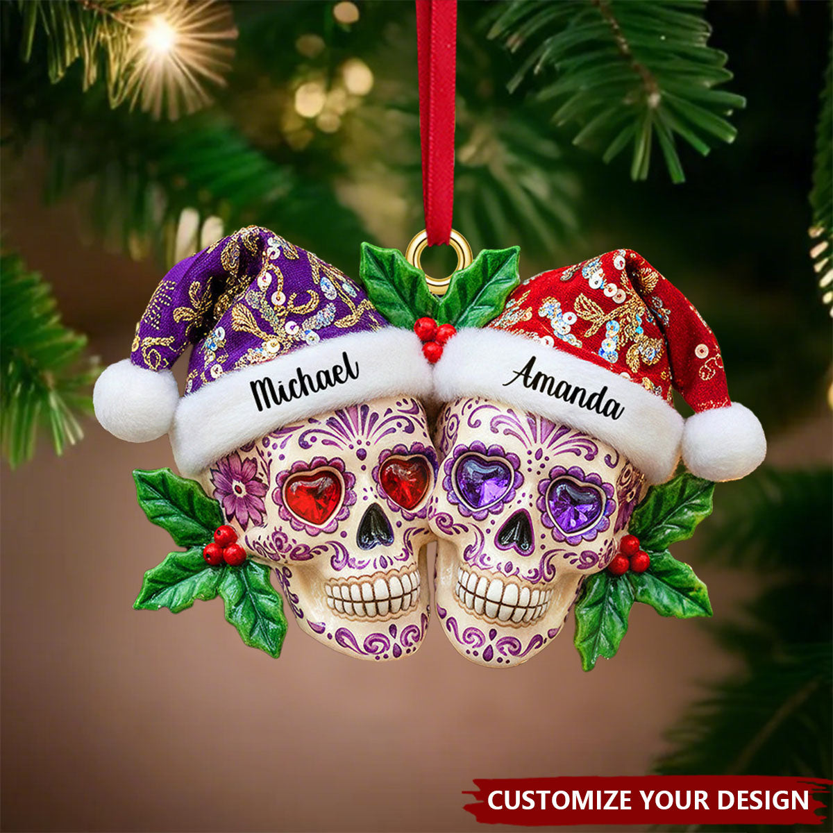 Personalized Christmas Dia de Los Muertos Skull Couple Acrylic Ornament, Gifts For Christmas