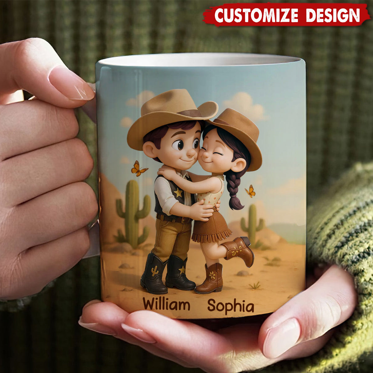 Cartoon Style Countryside Couple Cowboy Cowgirl Personalized Coffee Mug