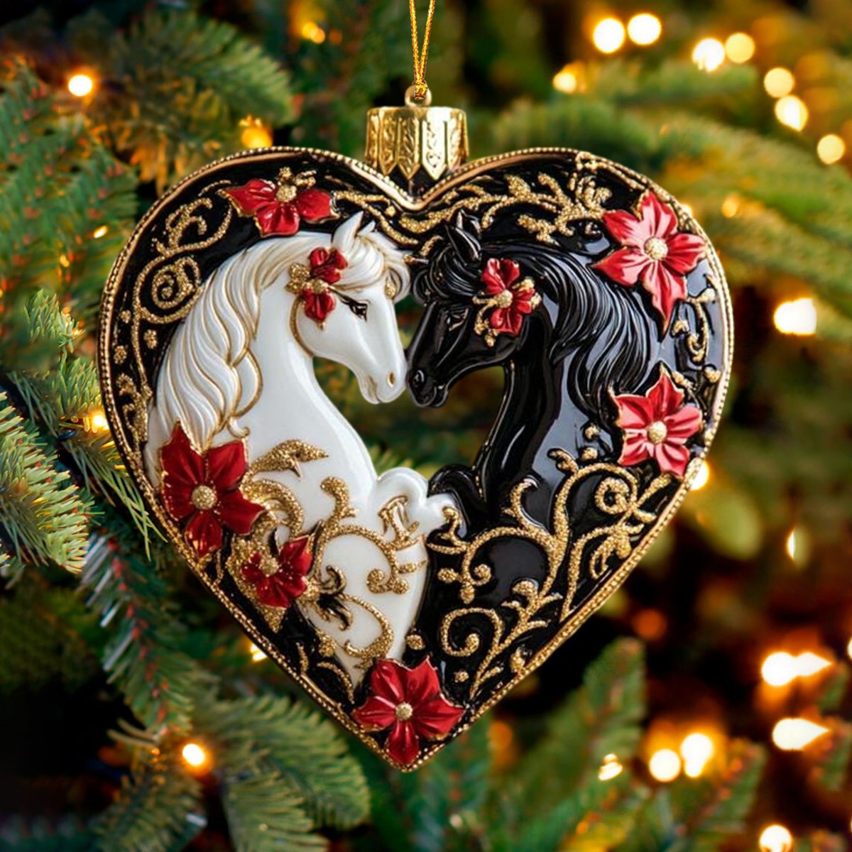 Black and White Horse Heart Cristmas Ornament - Gift for Horse Lovers