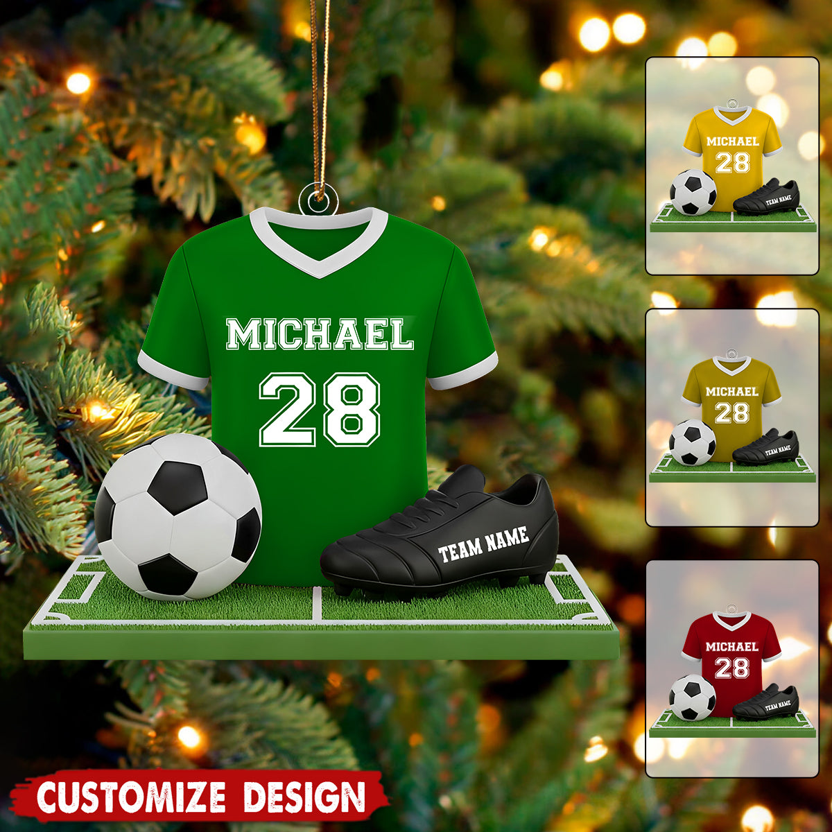 Personalized Soccer Christmas Ornament – Custom Jersey with Name & Number, Soccer Ball, Cleats Gift for Players