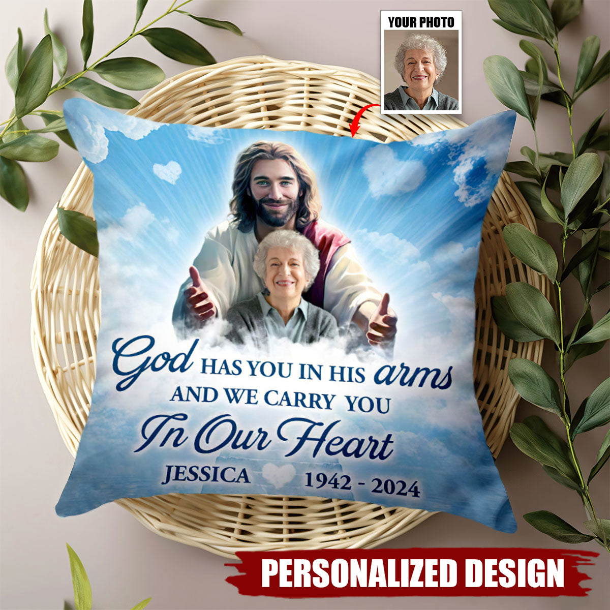 God Has You In His Arm-Personalized Memorial Pillow-Gift For Friends Family