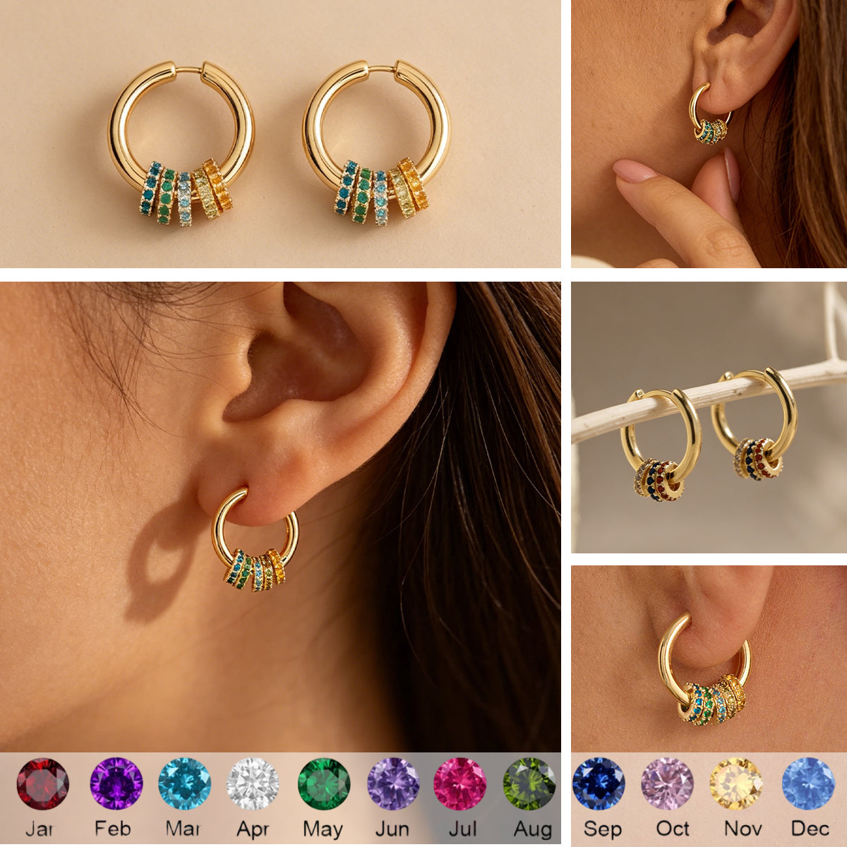 Personalized Multiple Birthstone Hoop Earrings, Minimalist Birthstone Circle Earrings, Mother's Day Gift