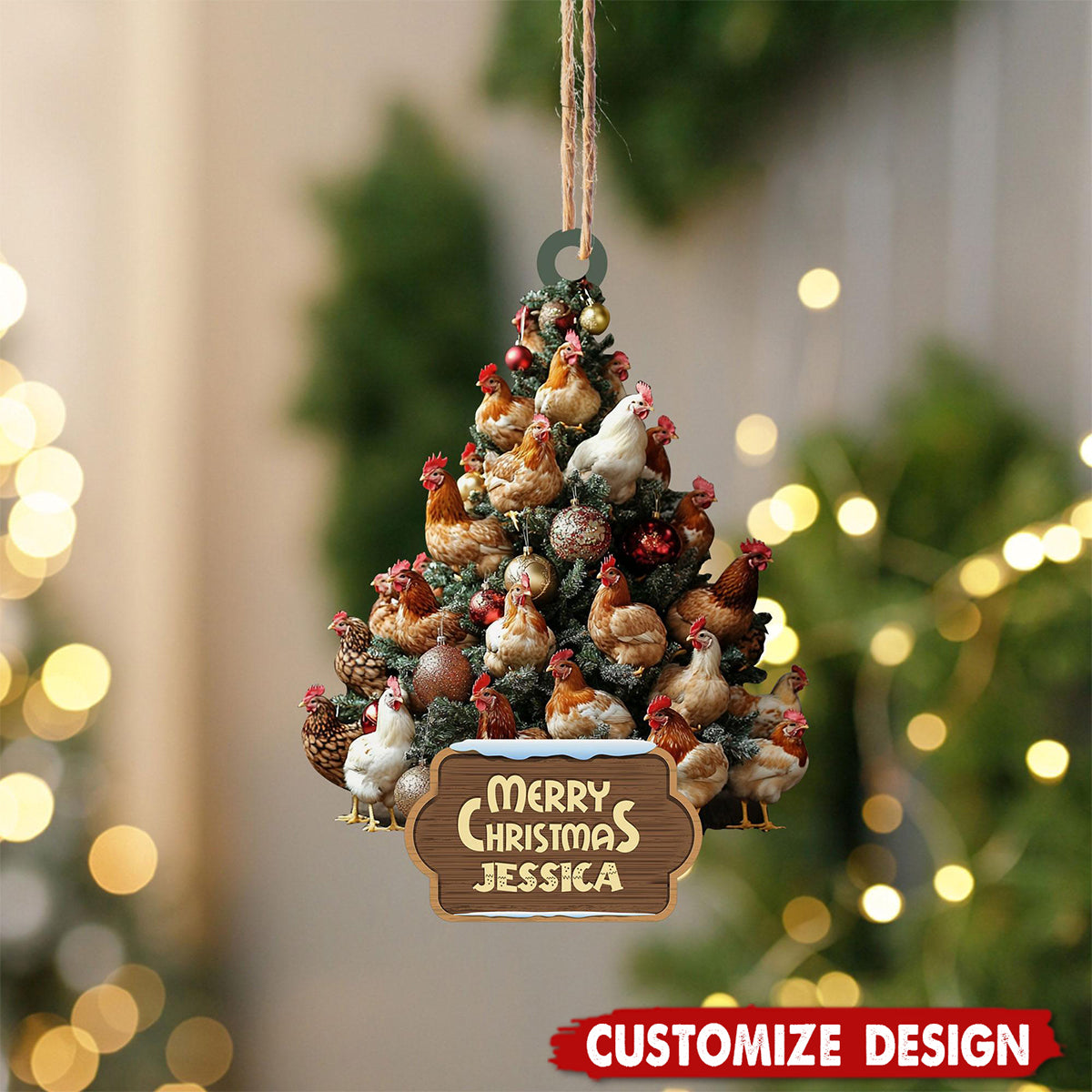 Personalized Chicken 2D Flat Ornament, Custom Farmhouse Christmas Tree Ornament, Farm Christmas Home Decor, Xmas Gift for Farmer