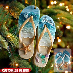 2D FLAT Personalized Flip Flop Christmas Acrylic Ornament, Coastal Ornament, Seaside Vacation Art, Ocean Lover Gifts, Gift for Beach Lover
