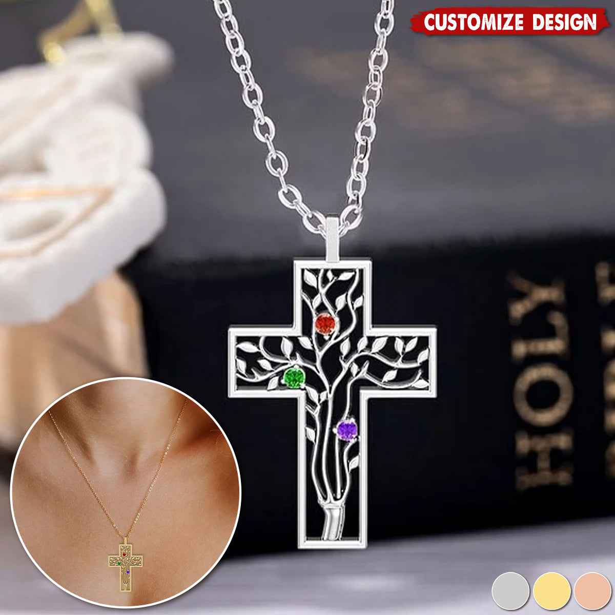 Personalized Cross 2-10 Birthstones Family Tree Necklace