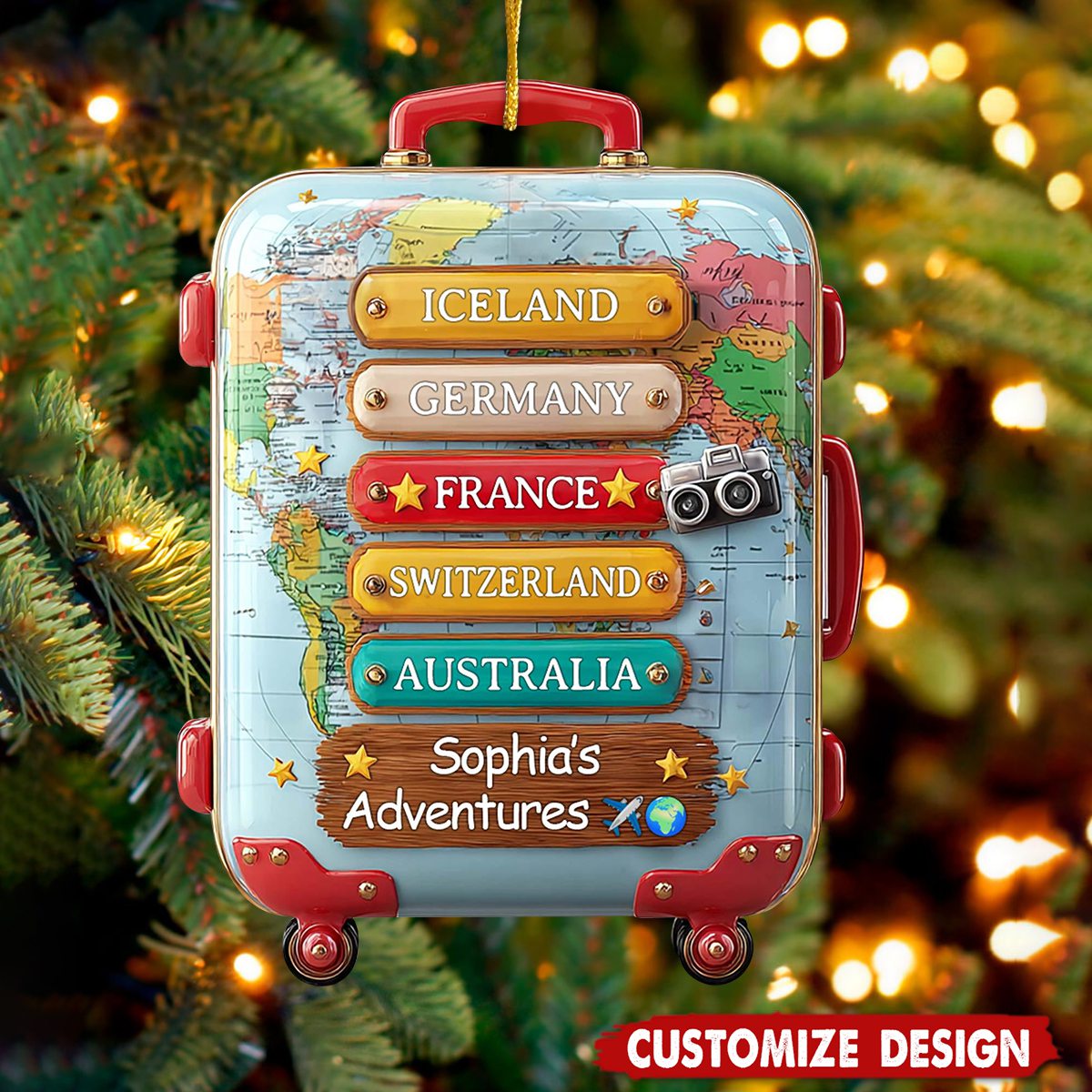Personalized Travel Suitcase Christmas Ornament - Gift for Traveler and Explorer