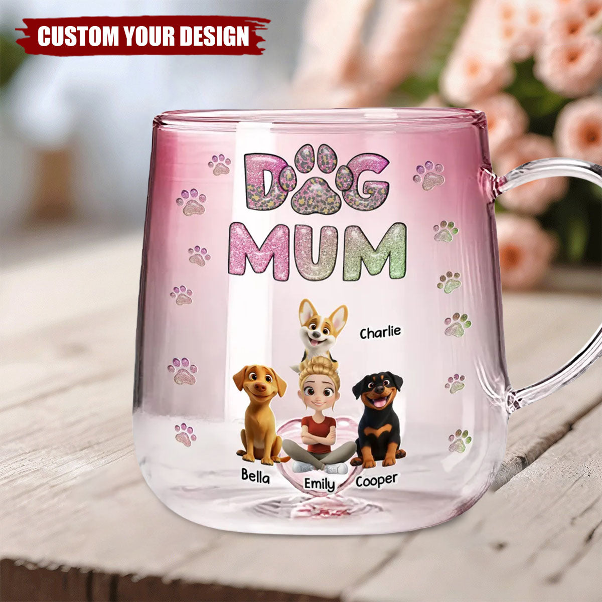 Dog Mom Lovely Chibi - Personalized Pink Gradient Glass Mug