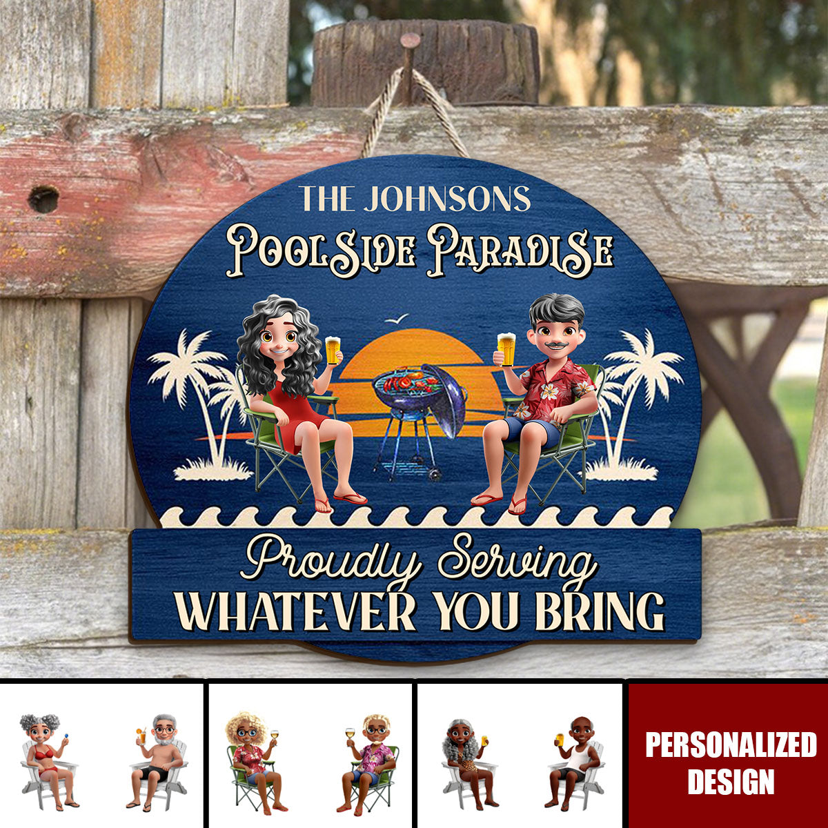 Couple Poolside Paradise Relax Enjoy 3D Effect - Personalized Shaped Wood Sign