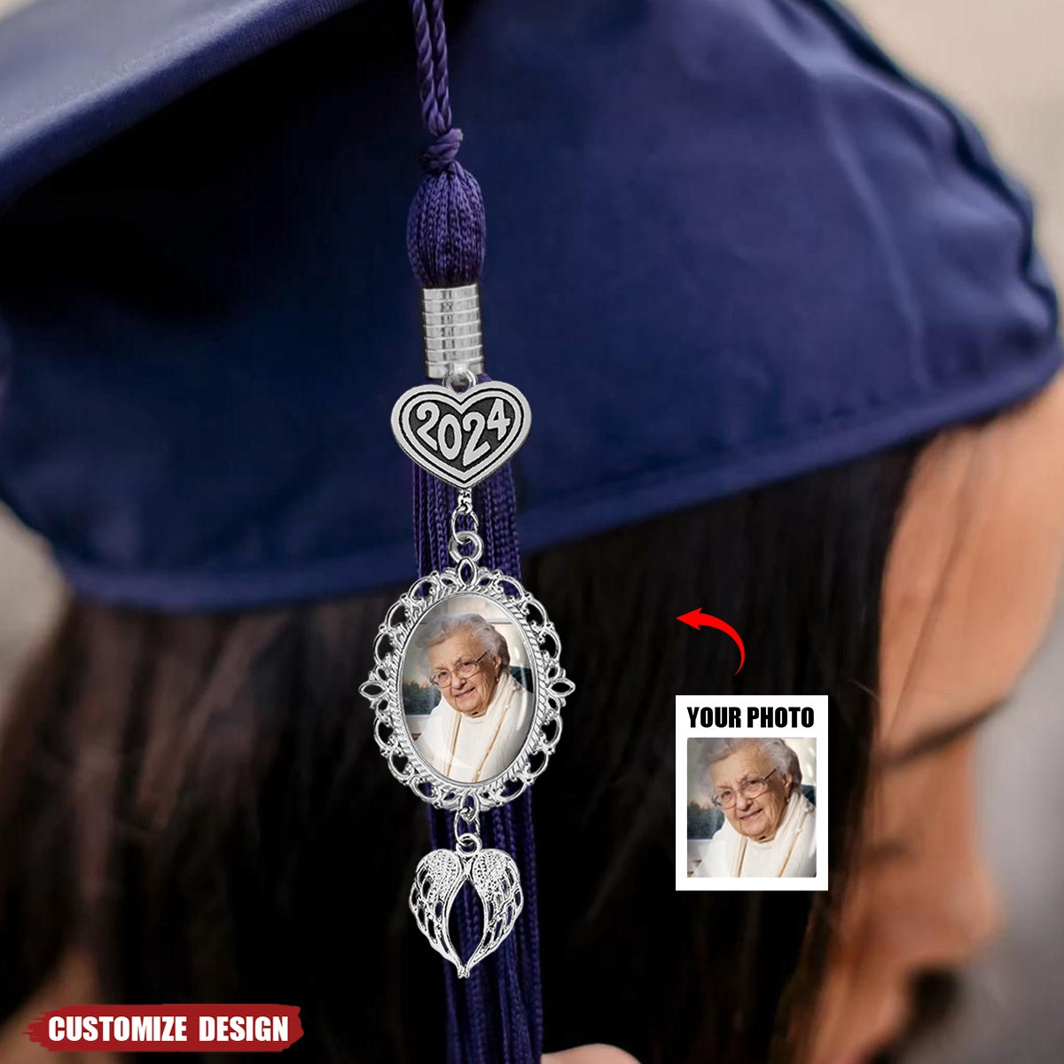 Personalized Graduation Tassel Photo Charm With Angel Wings - Memorial Graduation Gift