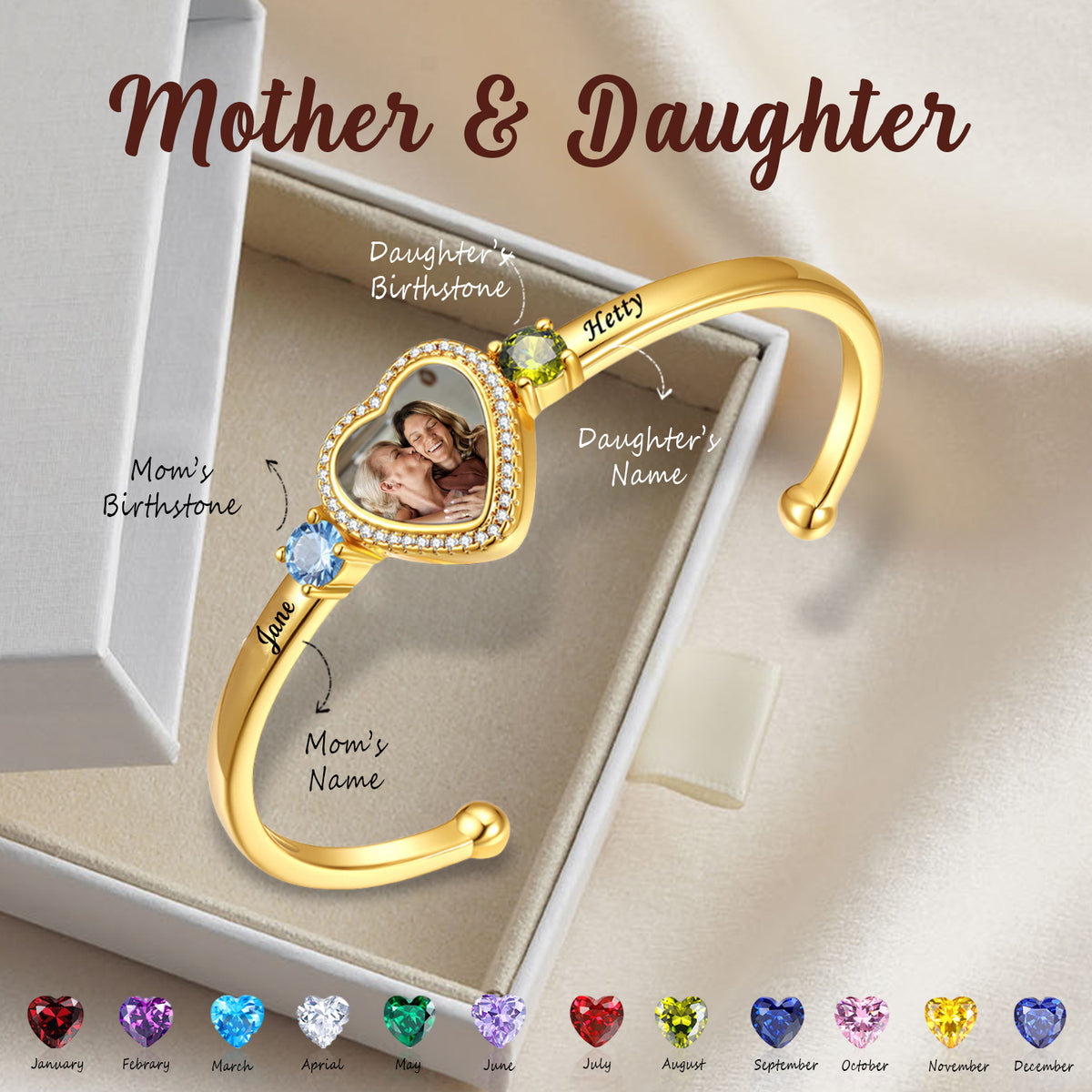 Personalized Heart Birthstone Bracelet-Gift For Mom, Grandma