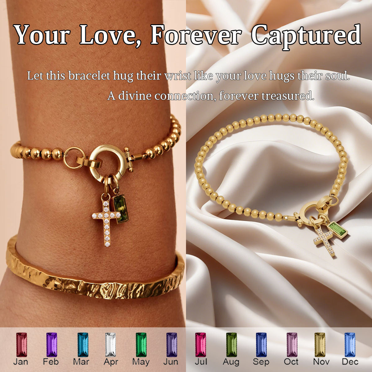 BEADED BIRTHSTONE CROSS CHARM BRACELET