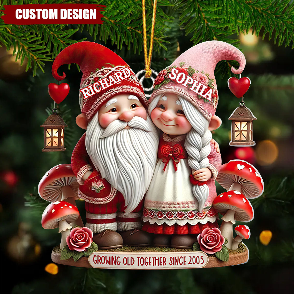 3D Effect Valentine's Dwarf Couple Personalized Christmas Ornament