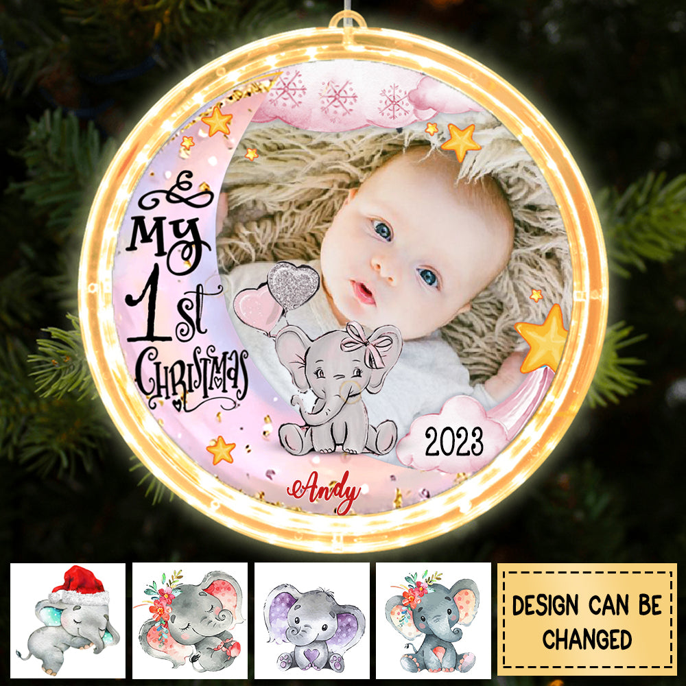 Baby's First Christmas Elephant Photo Personalized Led Acrylic Ornament