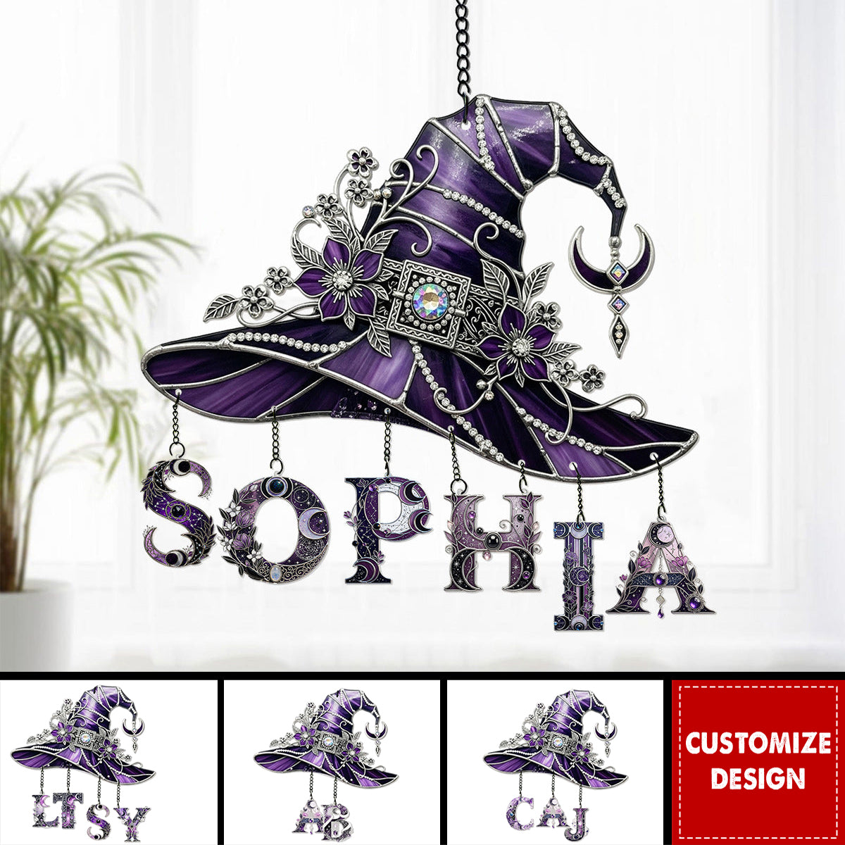 Floral With Hat - Personalized Witch Window Hanging Suncatcher With Custom Charms