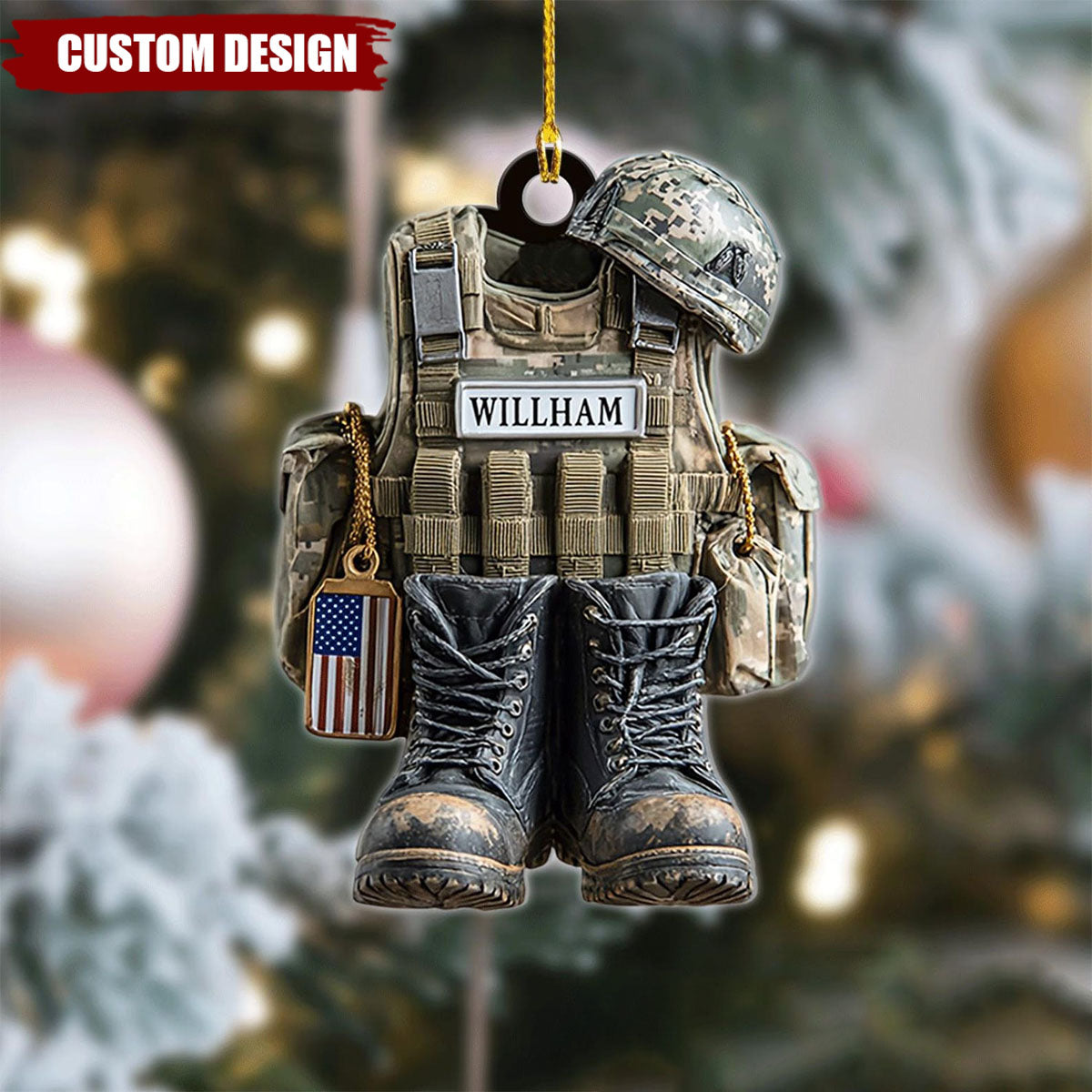 Military Uniform Ornament, Boots & Helmet Personalized Flat Ornament, Custom Veteran Ornament, Military Xmas Gift For Dad, 2D Flat Ornament