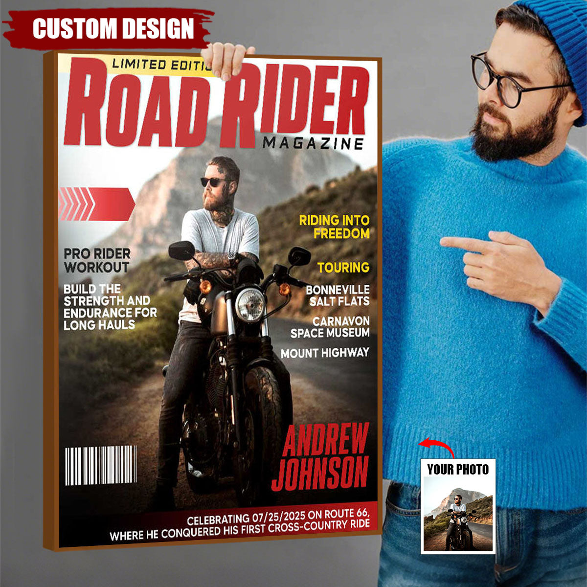 Personalized Road Rider Magazine Cover Poster, Motorcycle Magazine Canvas, Motorcyclist Photo Canvas, Gift For Rider
