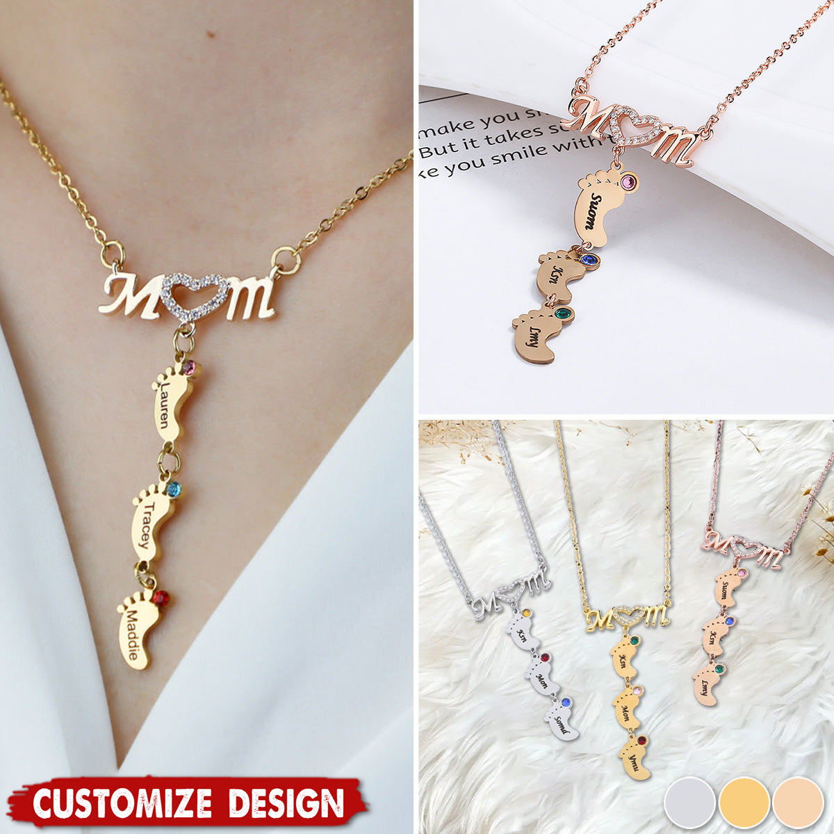 Mother's Necklace With Small Custom Name & Birthstone Baby Foot Charms