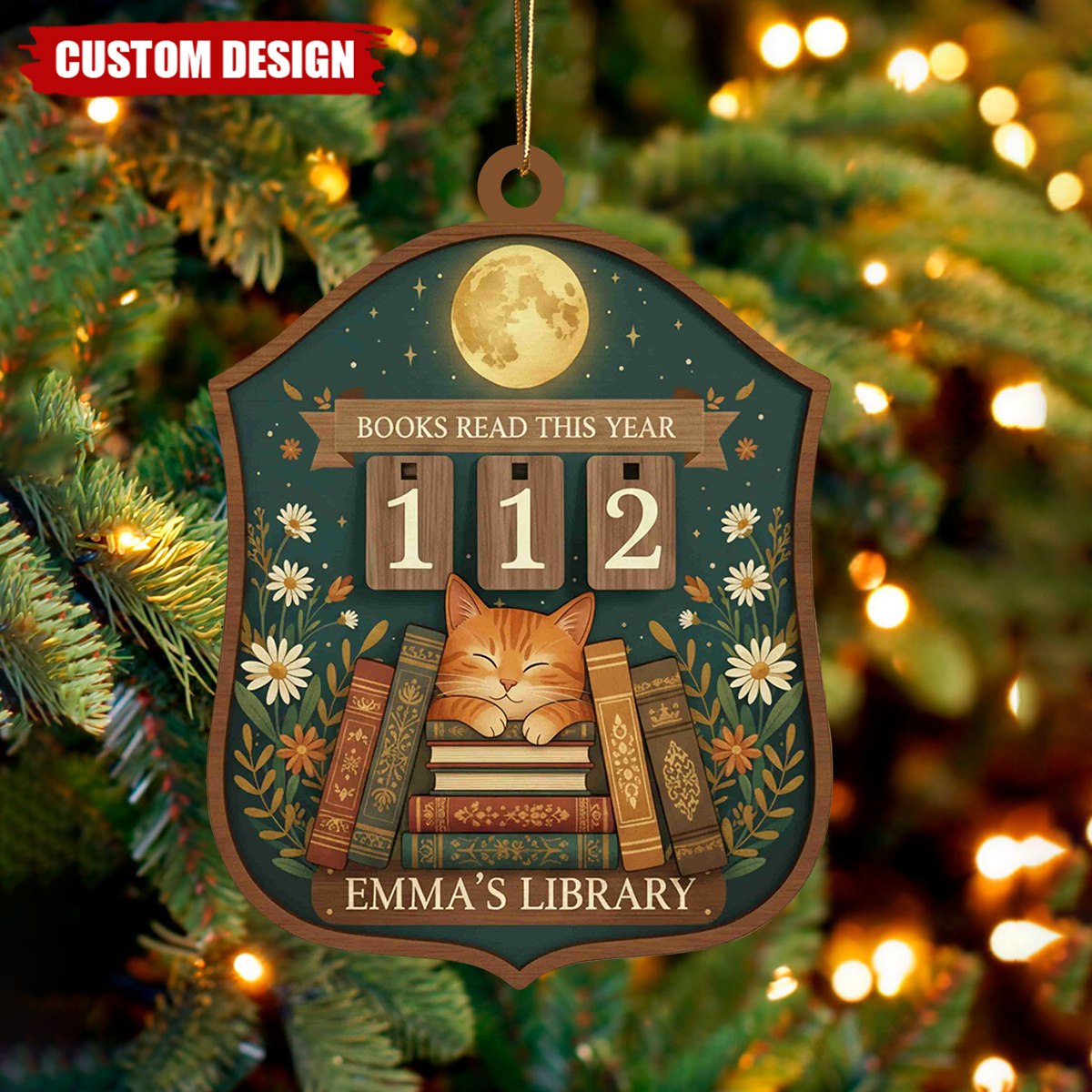 Personalized Cat Reading Christmas Ornament, Gift for Book Lovers and Readers