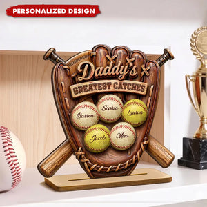 Daddy's Greatest Catches Baseball Softball-Personalized Wooden Plaque-Father's Day Gift for Husband, Dad