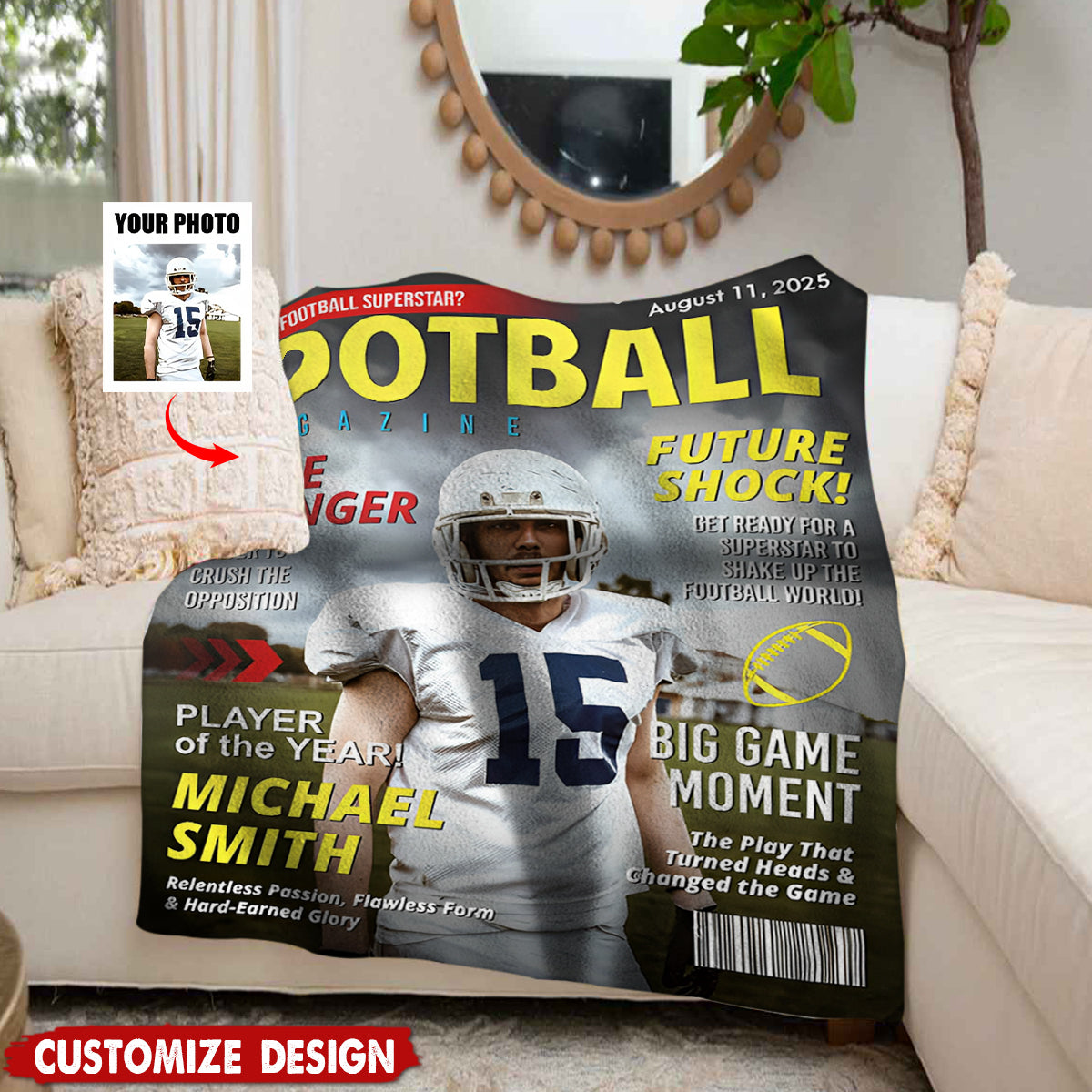 Custom Football Magazine Cover Blanket , Gift For Football Player