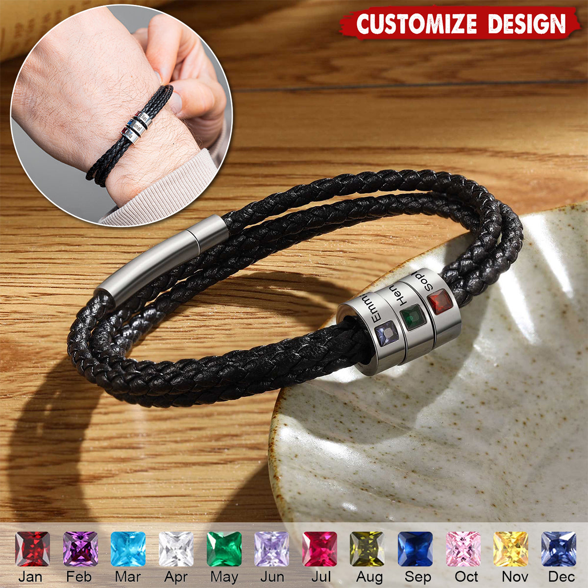 Personalized Mens Braid Bracelet with 1-8 Engraved Beads Family Names-Gifts for Men Father's day