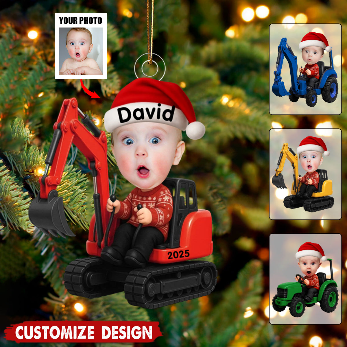 Kid With Construction Vehicle Excavator Backhoe Tractor - Personalized Photo Acrylic Ornament