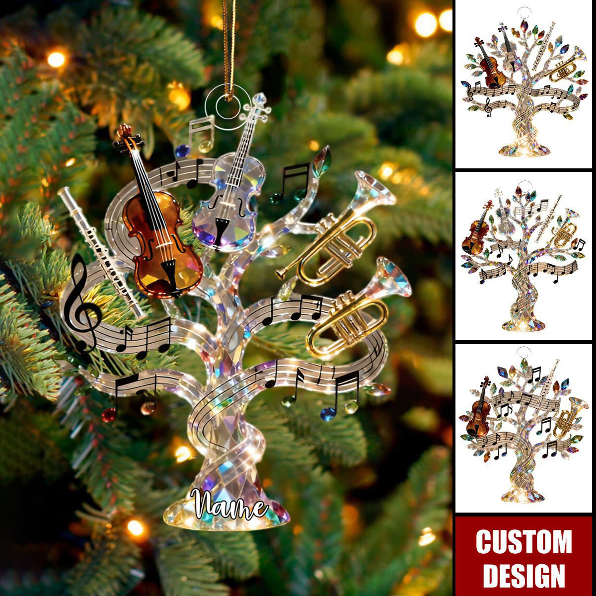 Personalized Crystal Music Tree Themed Ornament