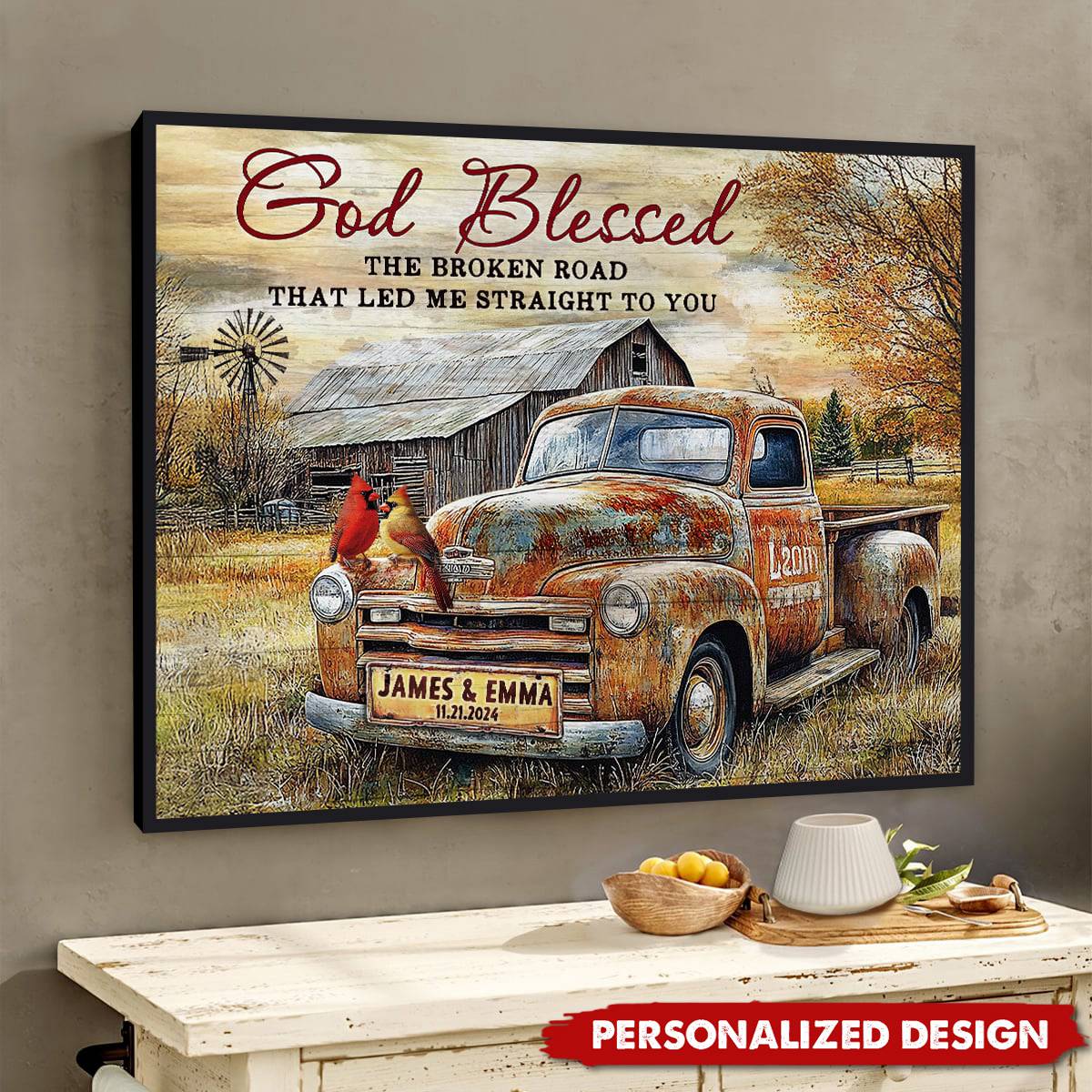 Vintage Truck And Cardinals-Personalized Poster-Gift for Couples