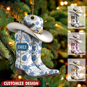 Personalized Name Cow Girl Boot Christmas Ornament - Gift For Cowgirl