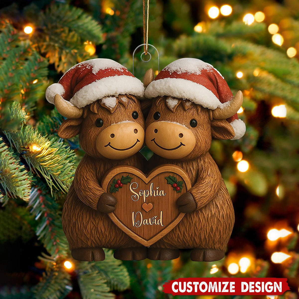 Custom Christmas Highland Cow Couple Ornament, Custom Name Highland Cow Couple Ornament, Growing Old Together Since Year, Christmas Gift