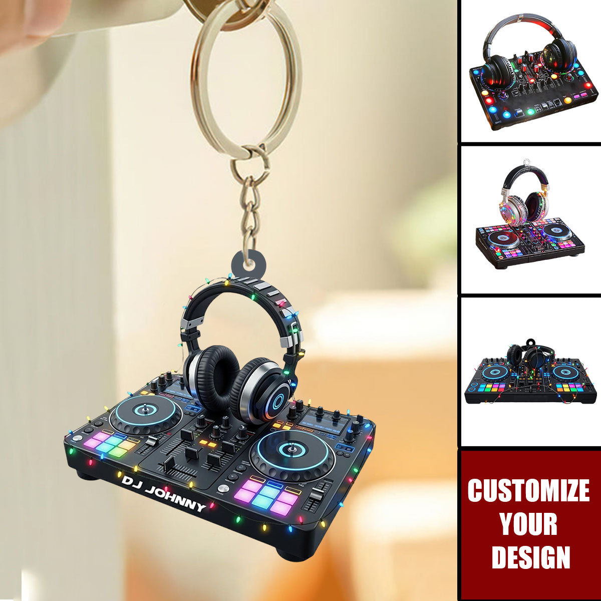 DJ Mixer with Headphones Keychain, Custom Name Music Console Keychain, Gift For DJs, Music Producers