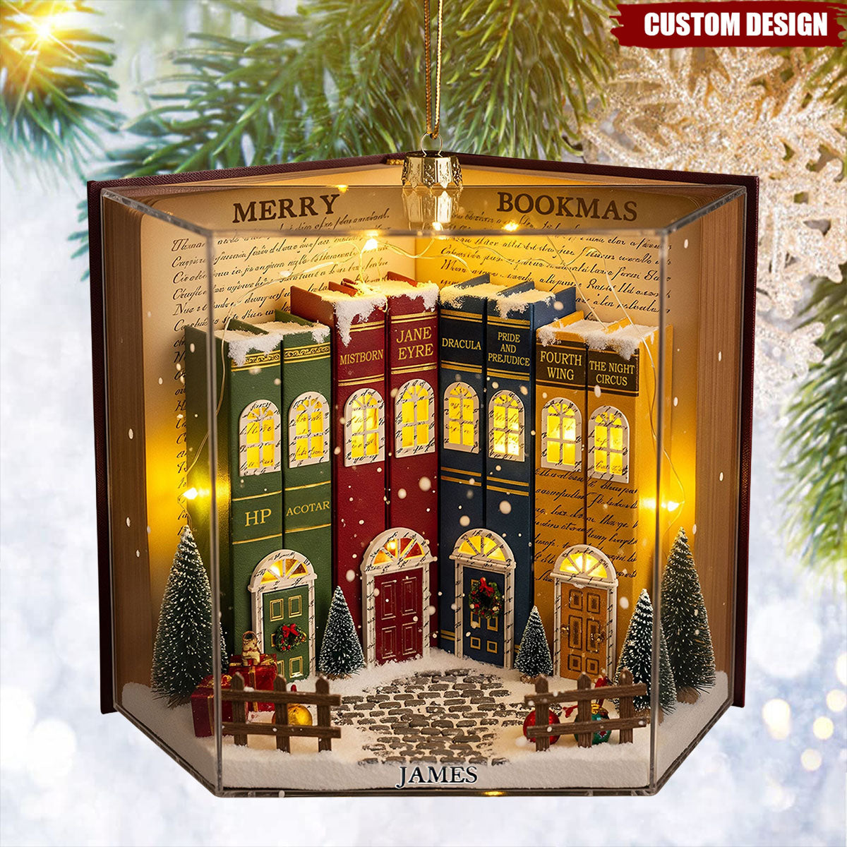 Book Town In A Jolly Christmas Night Acrylic Ornament, Personalized Gifts For Book Lovers