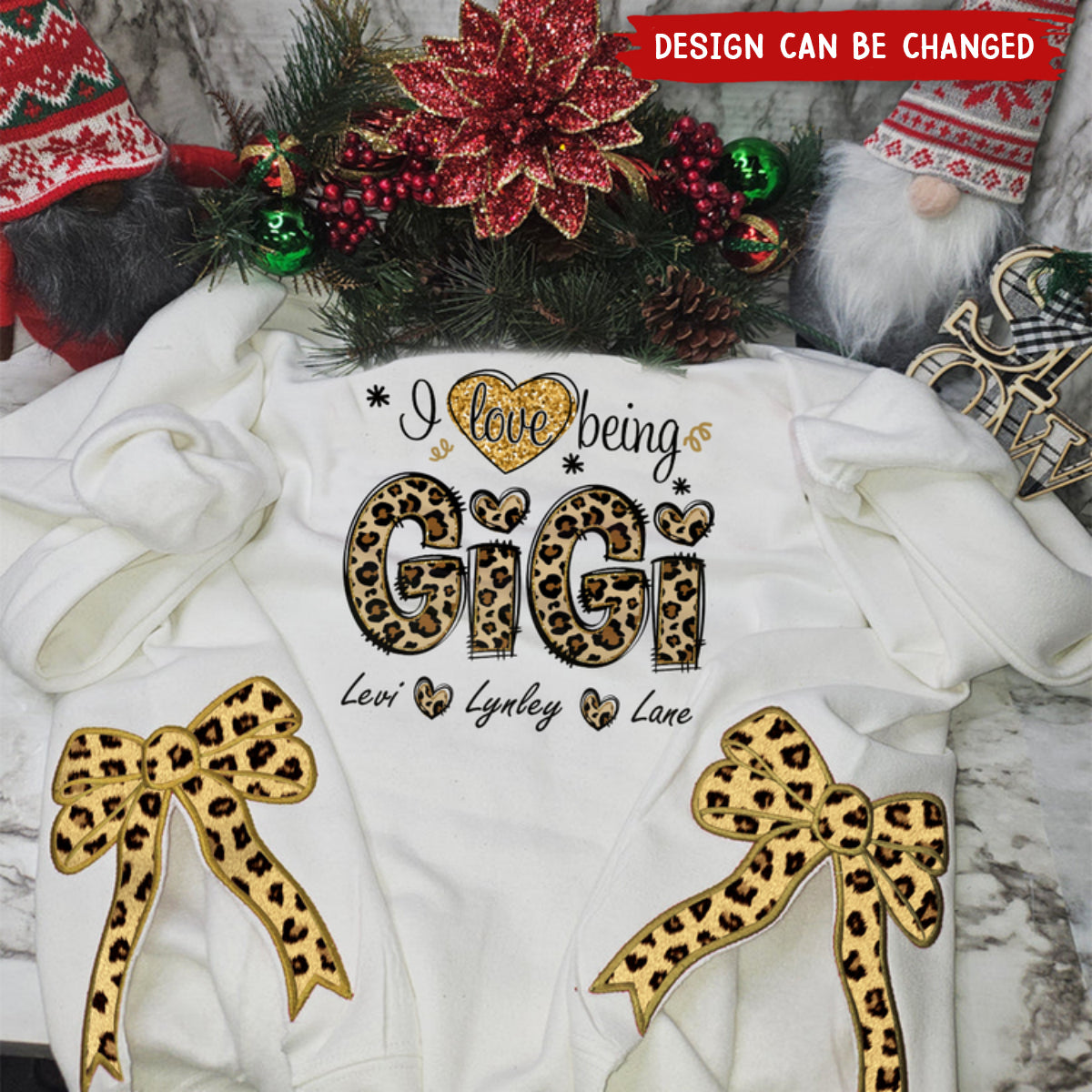 I Love Being Mimi Leopard Christmas Bow Embellished Sweatshirt - Custom Side Bow Cut-Out Sweatshirt