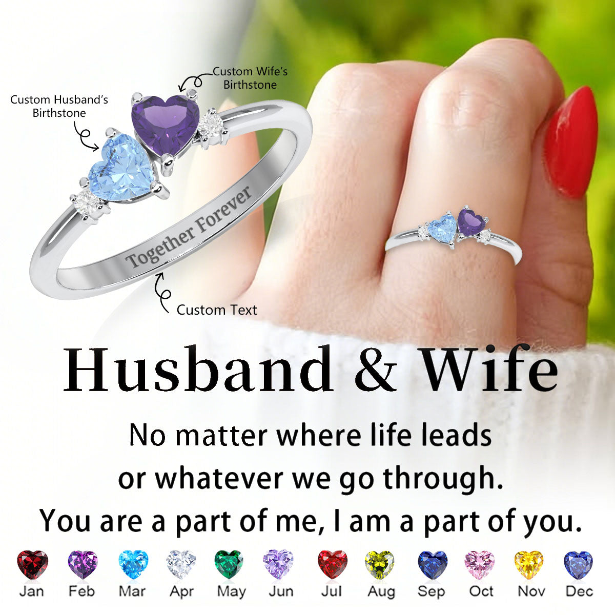 Personalized Pair of Hearts Gemstone Promise Ring