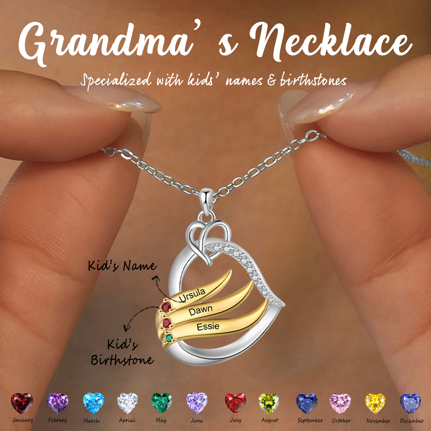 Personalized Golden Intertwined Heart Birthstone Necklace, Mother's Day Gift