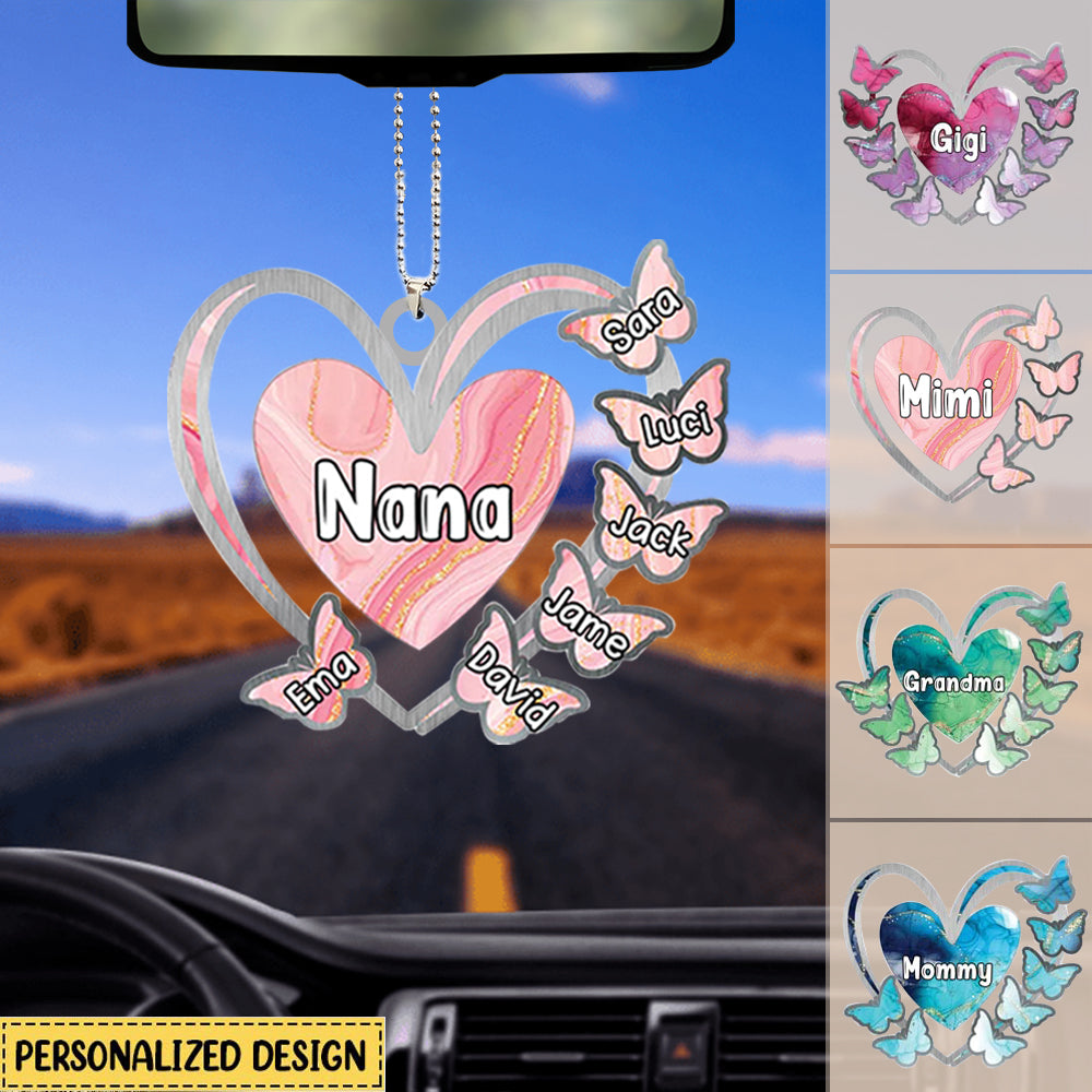 Grandma, Mom, Nana Heart Butterfly Kids-Personalized Car Hanging Ornament