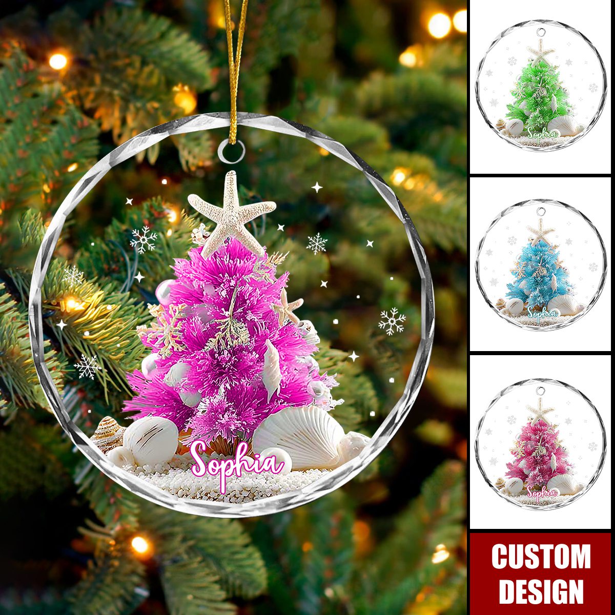 Personalized Sea Theme Christmas Ornament, Coastal Blue Tree With Seashells & Starfish