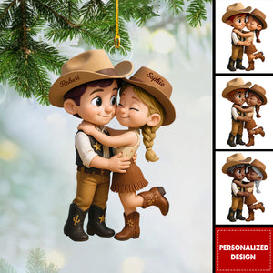 Cartoon Style Countryside Couple Cowboy Cowgirl Personalized Christmas Ornament