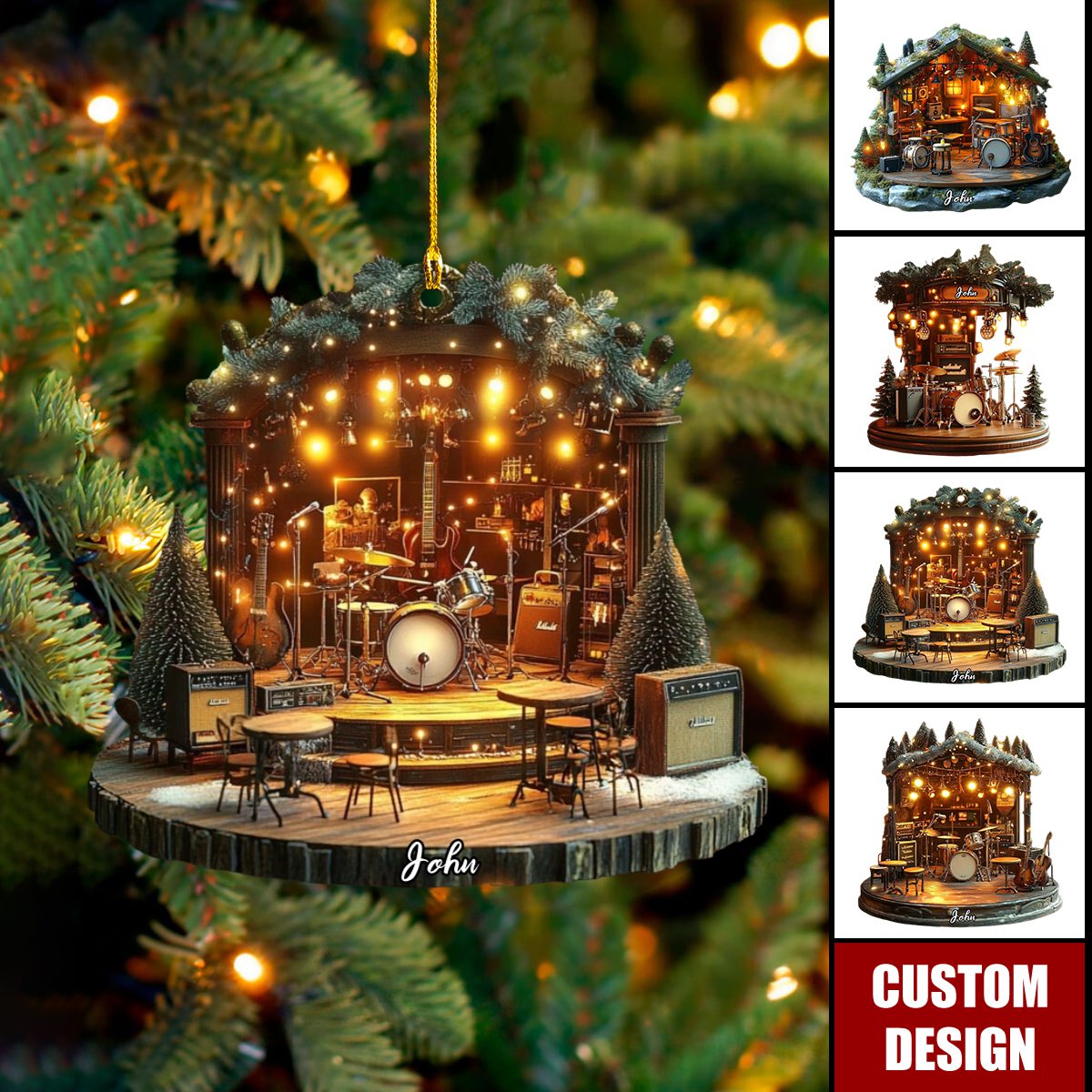 Personalized Rustic Musician Christmas Ornament, Mini Band Cabin With Instruments & Holiday Lights